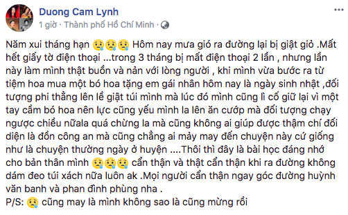 Dien vien Duong Cam Lynh bi cuop giat tui xach